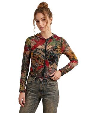 J LORRAINE DESIGNS NWT Sheer Mesh Tattoo Print Crop Zip-Up Hoodie, Size M - Koi